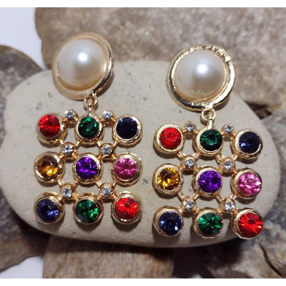 BIG Vintage 90s Color Block Pearl Gold tone Statement Earrings